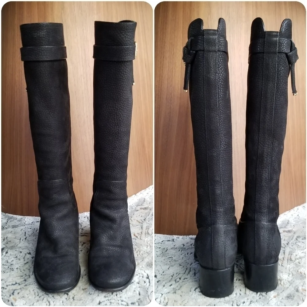 LOUIS VUITTON Black Grained Leather Suede Knee High Boots 35.5 - Picture 6 of 17